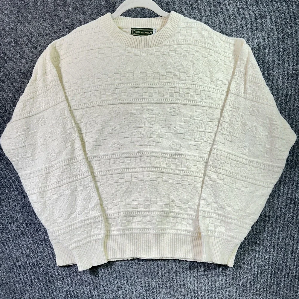 Croft Barrow 3D Knit Sweater Large White Geometric Fisherman Made USA Vintage 90